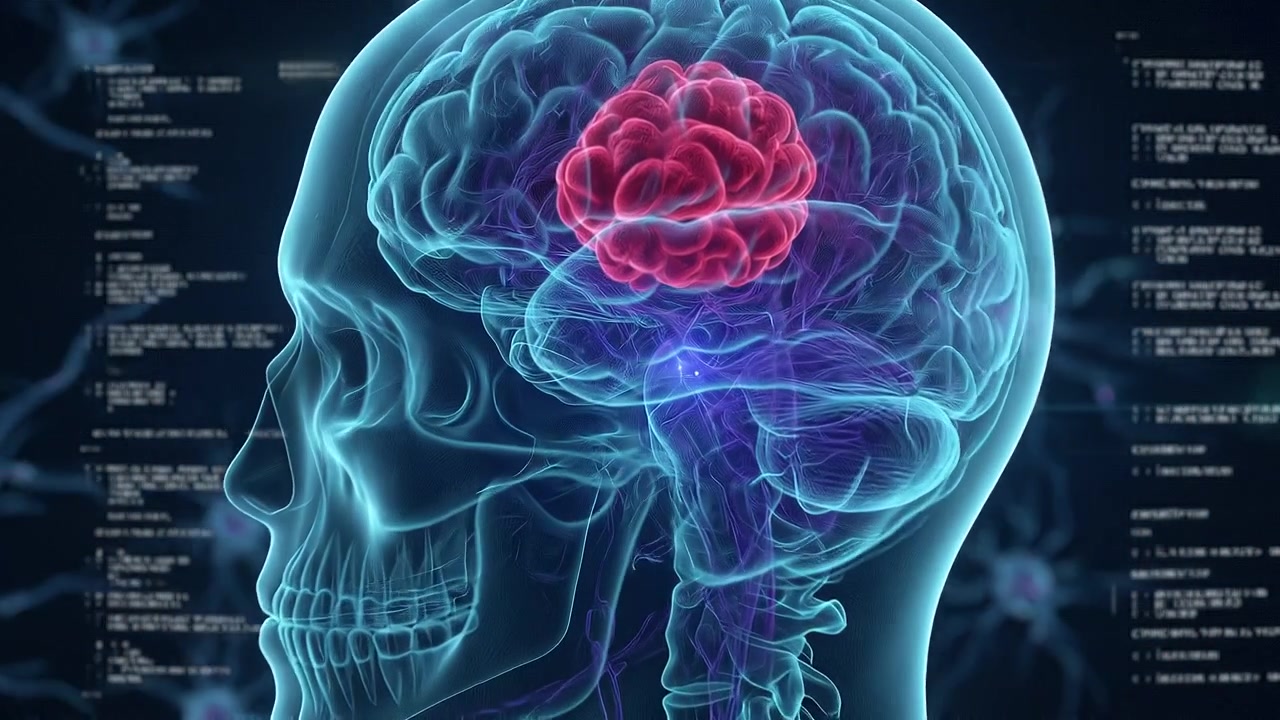 Varredura Wireframe do Perfil de Crânio Humano Mostrando o Brilho de um Tumor de Câncer Cerebral