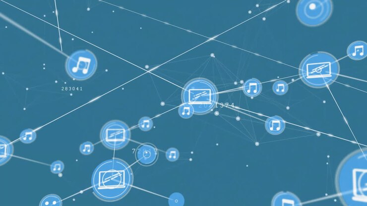 Animation of network of connections with icons over blue background