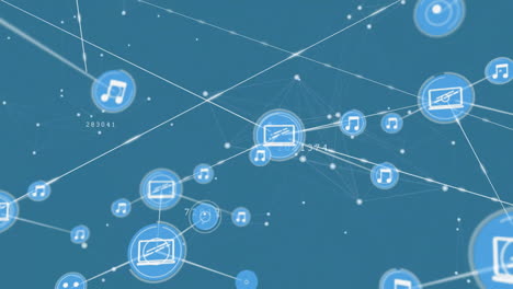 animation of network of connections with icons over blue background