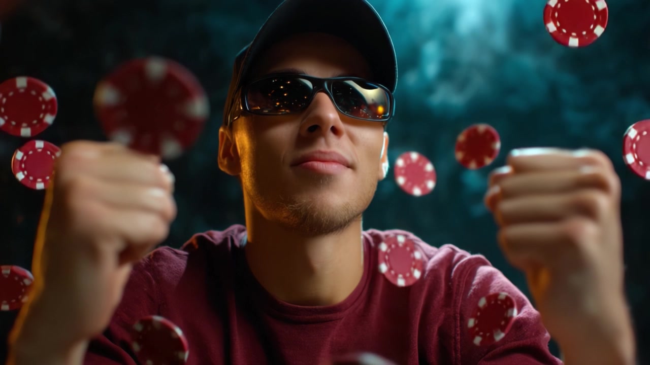 Giocatore eccitato che celebra in un'atmosfera da casinò, circondato da fiches da poker fluttuanti, mentre indossa occhiali da sole e mostra i pugni in un gesto di vittoria.