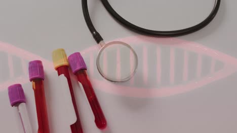 Animation-Eines-DNA-Strangs-über-Reagenzgläsern-Und-Stethoskop