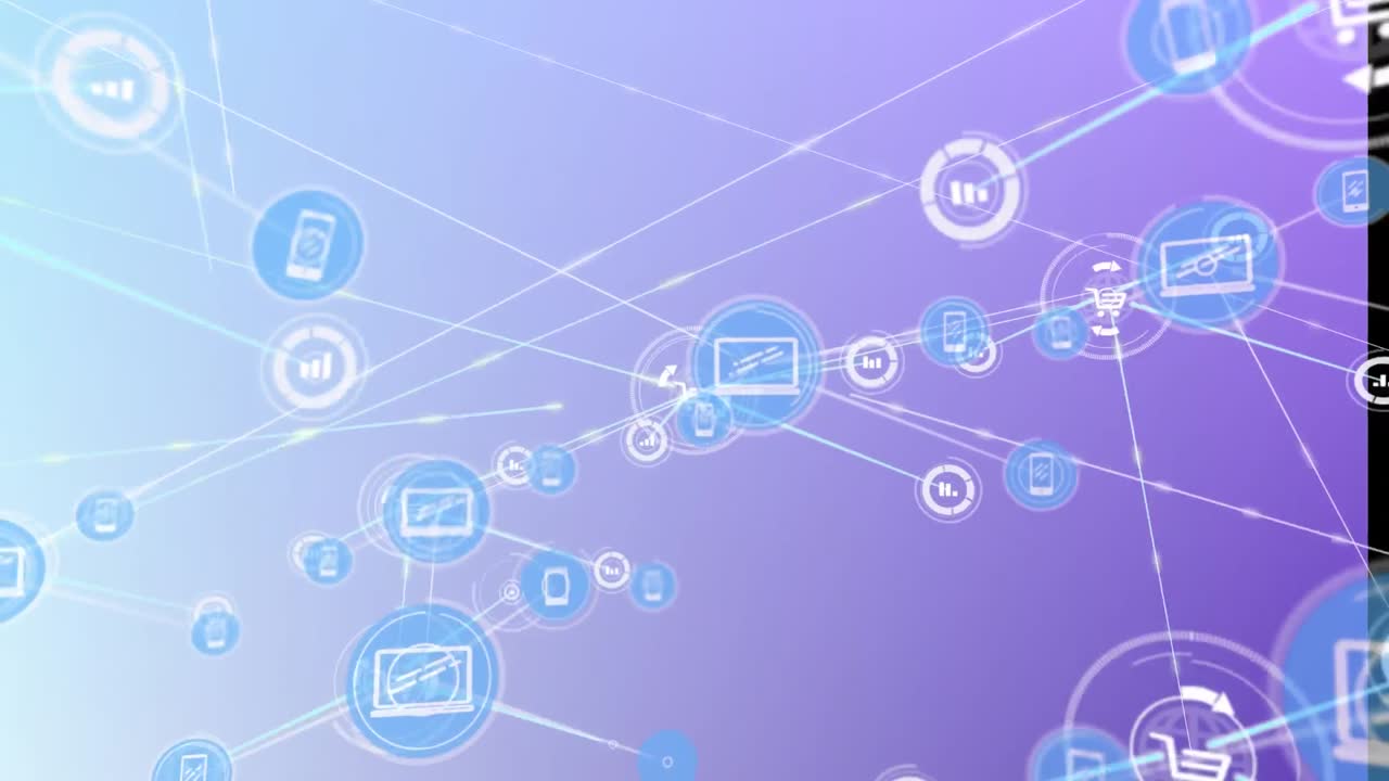 animación de la red de conexiones con iconos sobre fondo azul