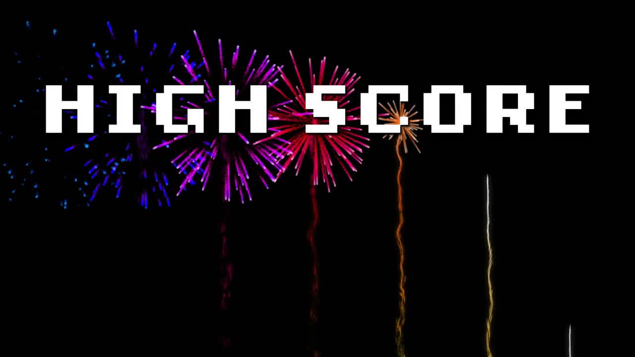 When blocky HIGH SCORE text appearing on black void, fireworks launching and bursting to celebrate