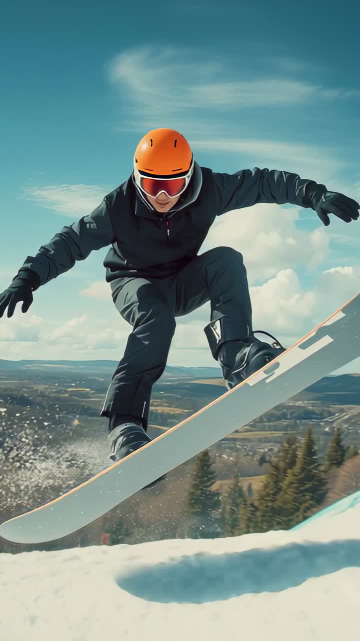 Vertical video: Hitting lip sending helmeted snowboard rider jumping landing carving mountain slope