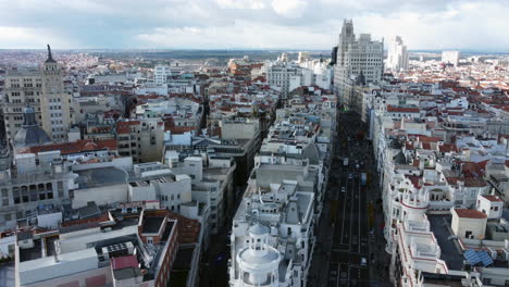 aerial cityscape madrid with car traffic on gran via street, spain. skyline city view with high office building and densely built-up housing areas