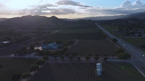 grape vineyard and countryside farmland at sunset - ascending aerial hyper lapse