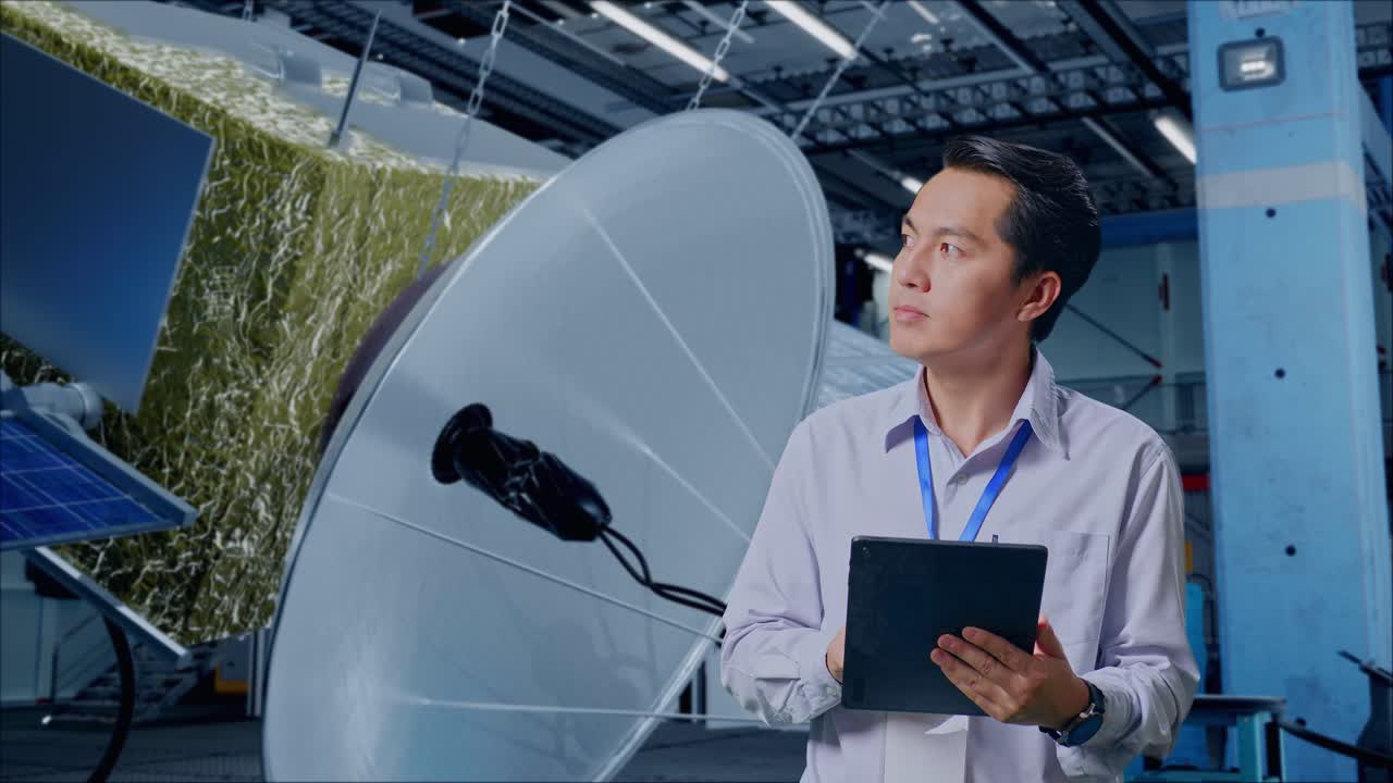 ingeniero que revisa el equipo de satélite