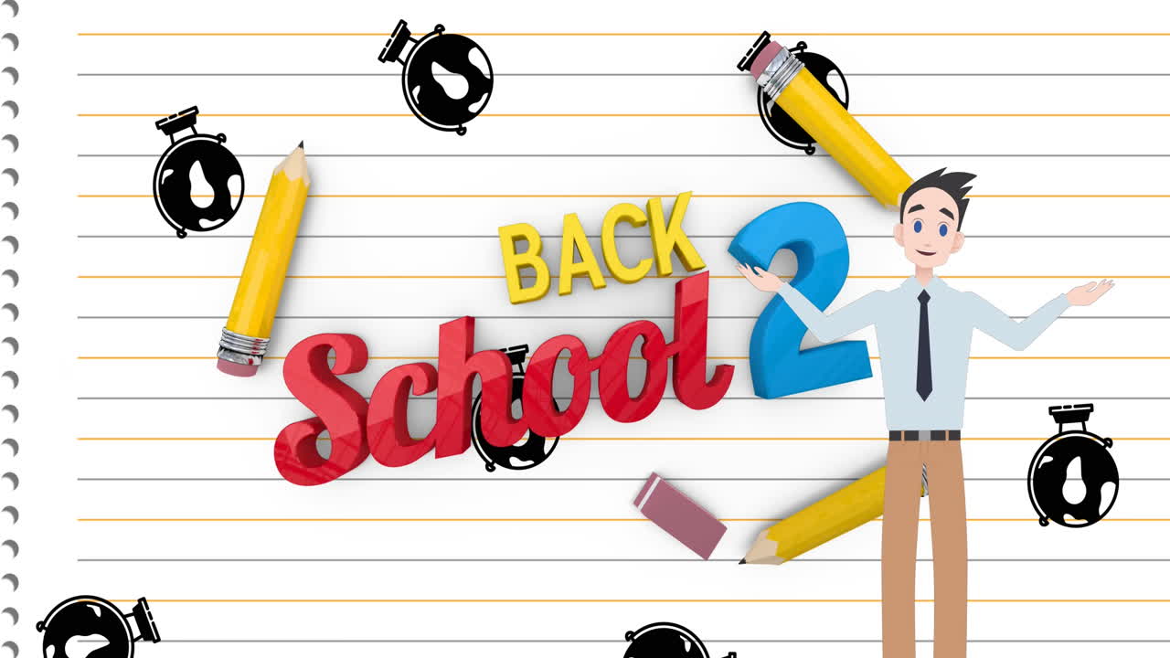 학교 텍스트와 지구상 아이콘으로 돌아가는 남자의 애니메이션