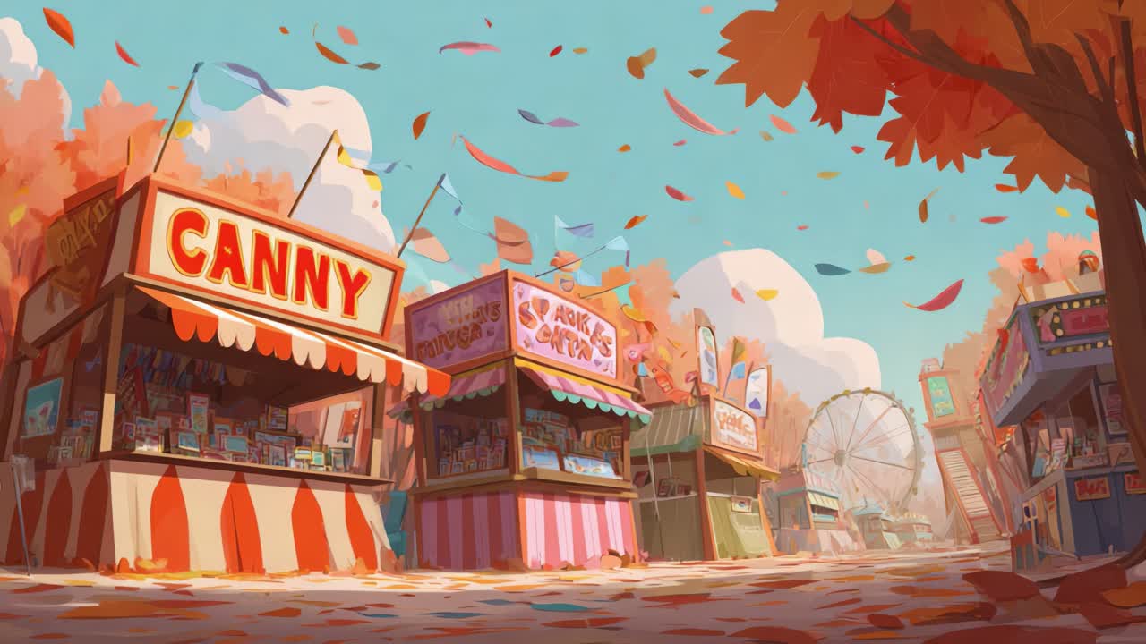 A Vibrant Autumn Fair Scene Featuring Colorful Booths, Playful Leaves, and a Charming Ferris Wheel Set Against a Bright Blue Sky