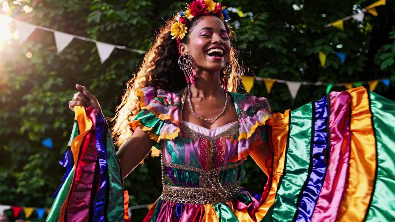 Scena di festival vivace con un ballerino gioioso in abiti colorati, ripresa da un'angolazione bassa.