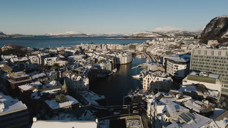 aerial view of the norwegian city of alesund in norway - drone shot