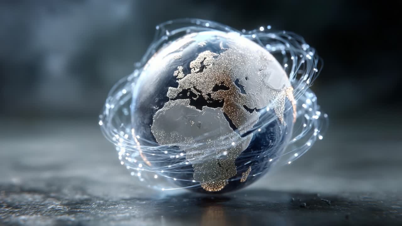 A Stunning Visualization of Earth Surrounded by Dynamic Light Trails Representing Connectivity and Global Networks in a Digital Realm