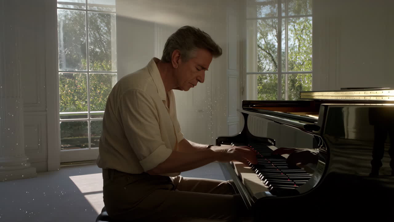 Man playing piano in a sunlit room