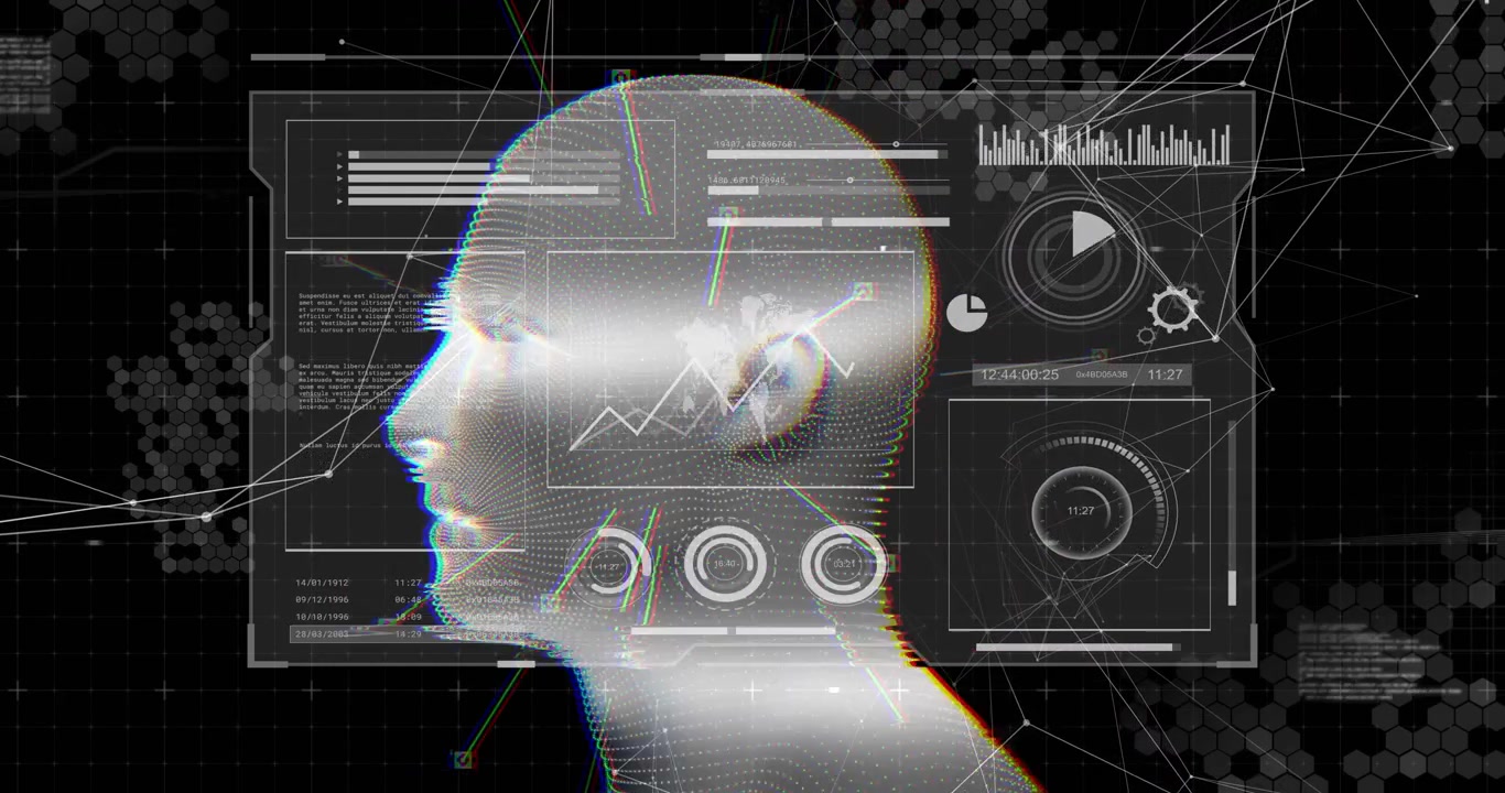 RGB glitch sparking wireframe head rotating for 360 scan while HUD pins tracking and pulsing
