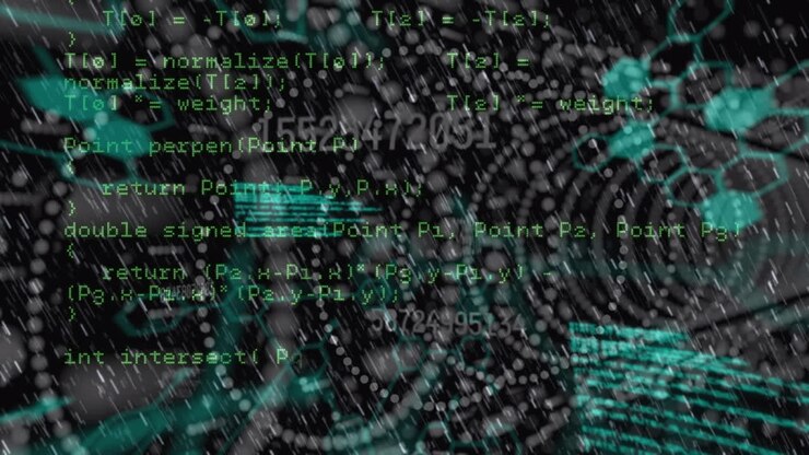 Animation of computer language over circular tunnel against molecules structures in background