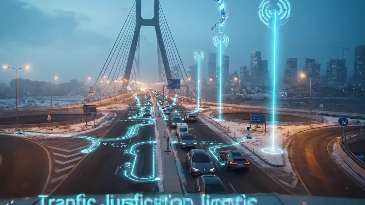Futuristic Traffic Intersections: Advanced Vehicle Technology and Connectivity in Urban Setting Featuring Smart Cars Navigating Winter Infrastructure