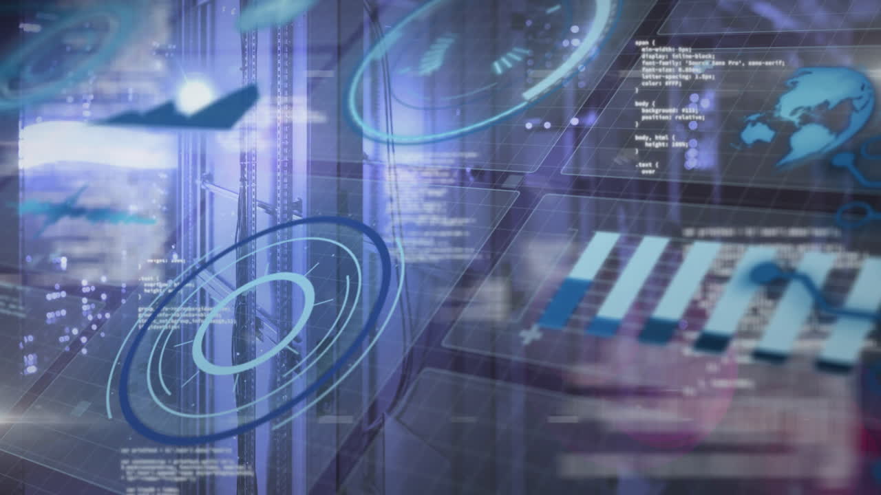 Animation of digital interface with futuristic data processing in blue tones