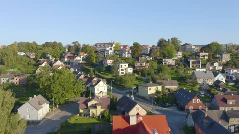 drone moving up from estonia, viljandi with beatuful buildings and crossroad