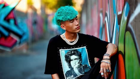 stylish man with turquoise hair leaning against graffiti wall