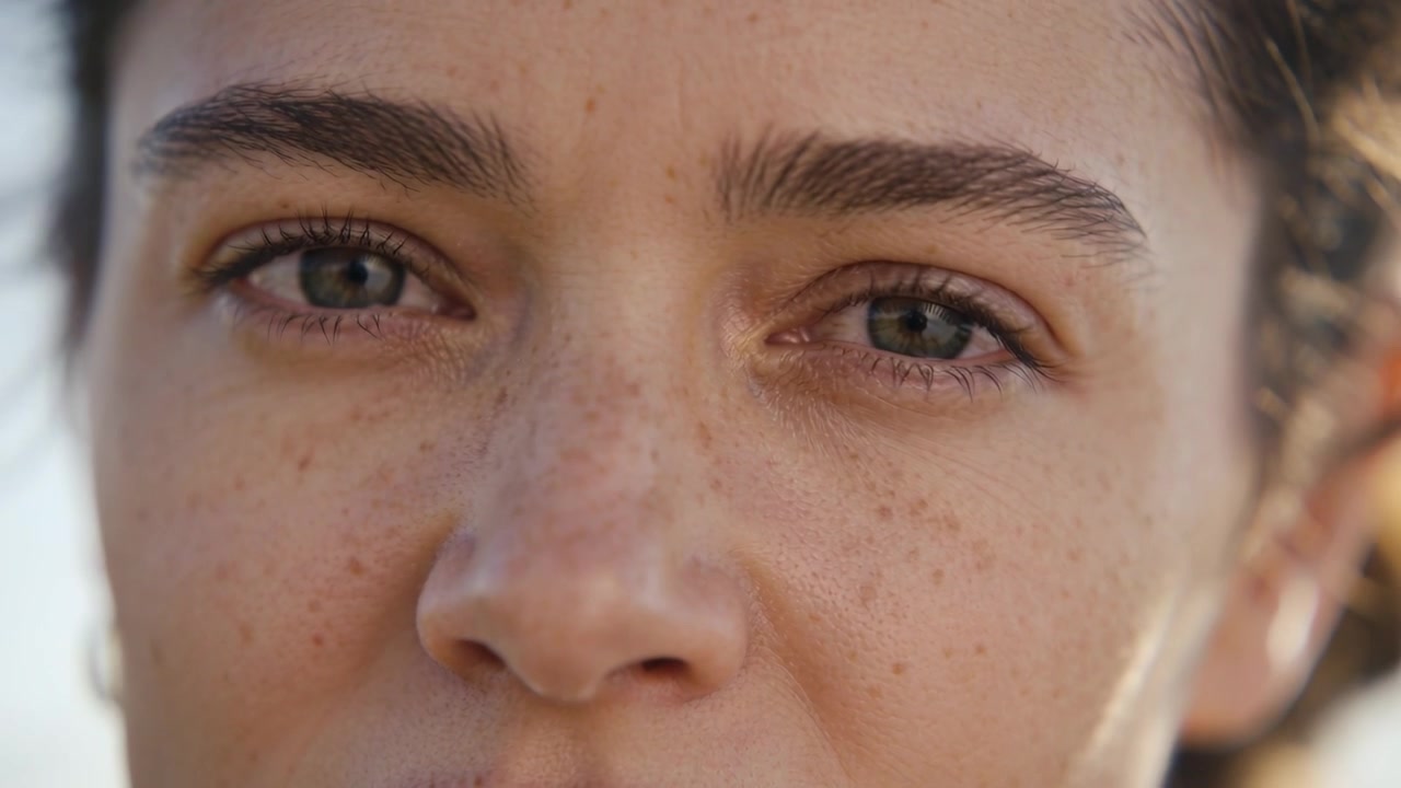 Donna che strizza gli occhi spostando lo sguardo verso la telecamera a causa del sole che le colpisce il viso all'aperto luminoso, con orecchino a cerchio.