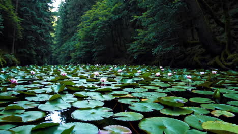 peaceful forest pond with water lilies