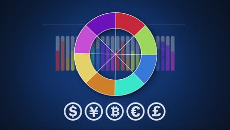 gráfico de círculos de colores, gráfico y símbolos de divisas en azul oscuro