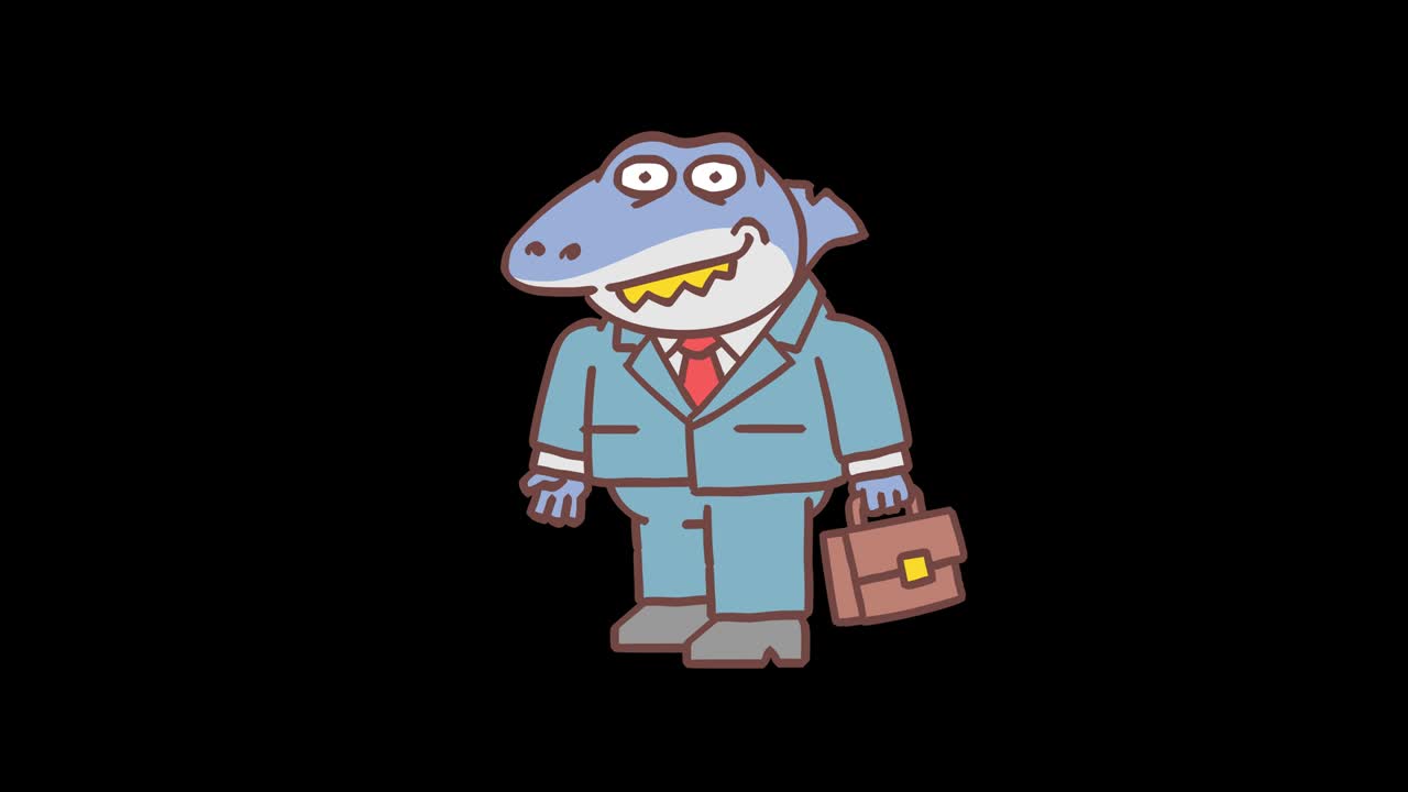 el tiburón jefe sosteniendo la maleta y mostrando los pulgares hacia arriba. animación cuadro por cuadro. canal alfa