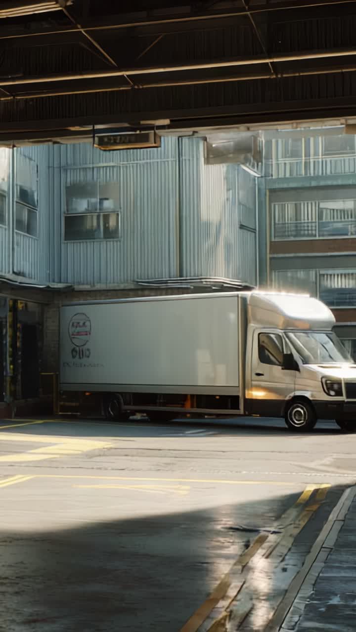 Un camion bianco per le consegne che manovra in una zona di carico industriale, catturando l'essenza della logistica urbana con le strutture circostanti e lo sfondo illuminato dal sole