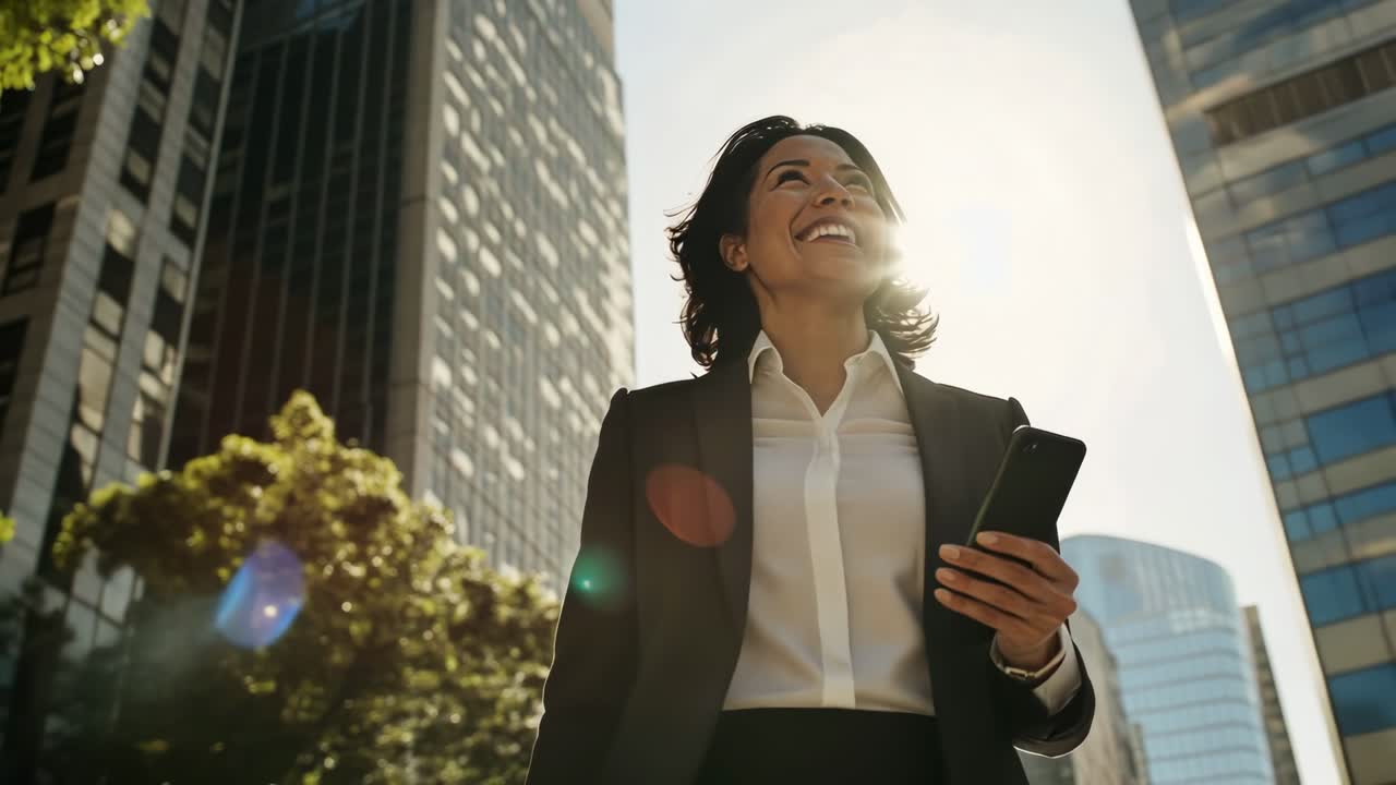 Low-angle video shot of a confident businesswoman in a suit, smiling with a smartphone