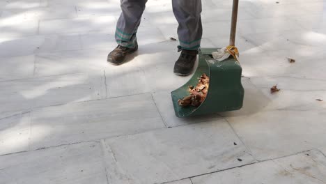 cleaning fallen leaves from a public area