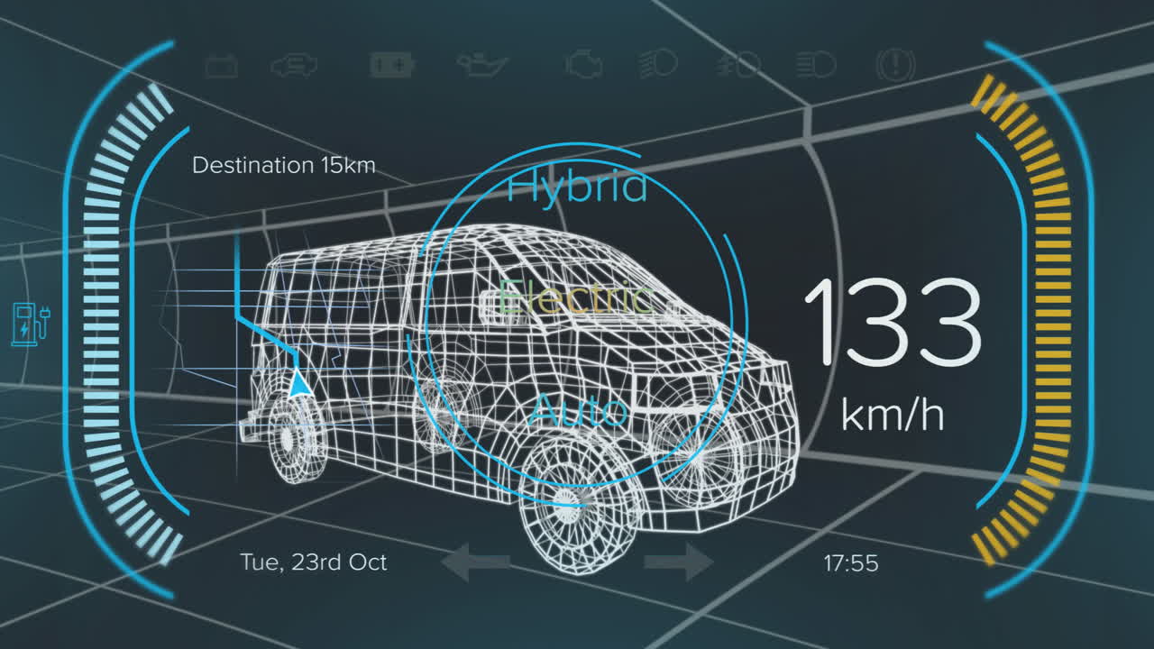 텍스트와 함께 스피도미터의 애니메이션, 검은 바탕에 대한 밴의 3d 모델을 통해 숫자를 변경
