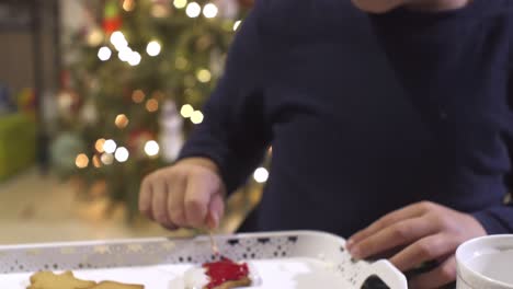 Close-up-tilt-down-shot-of-caucasian-boy-decorating-Christmas-gingerbread-cookies,-christmas-tree-in-the-blurry-background