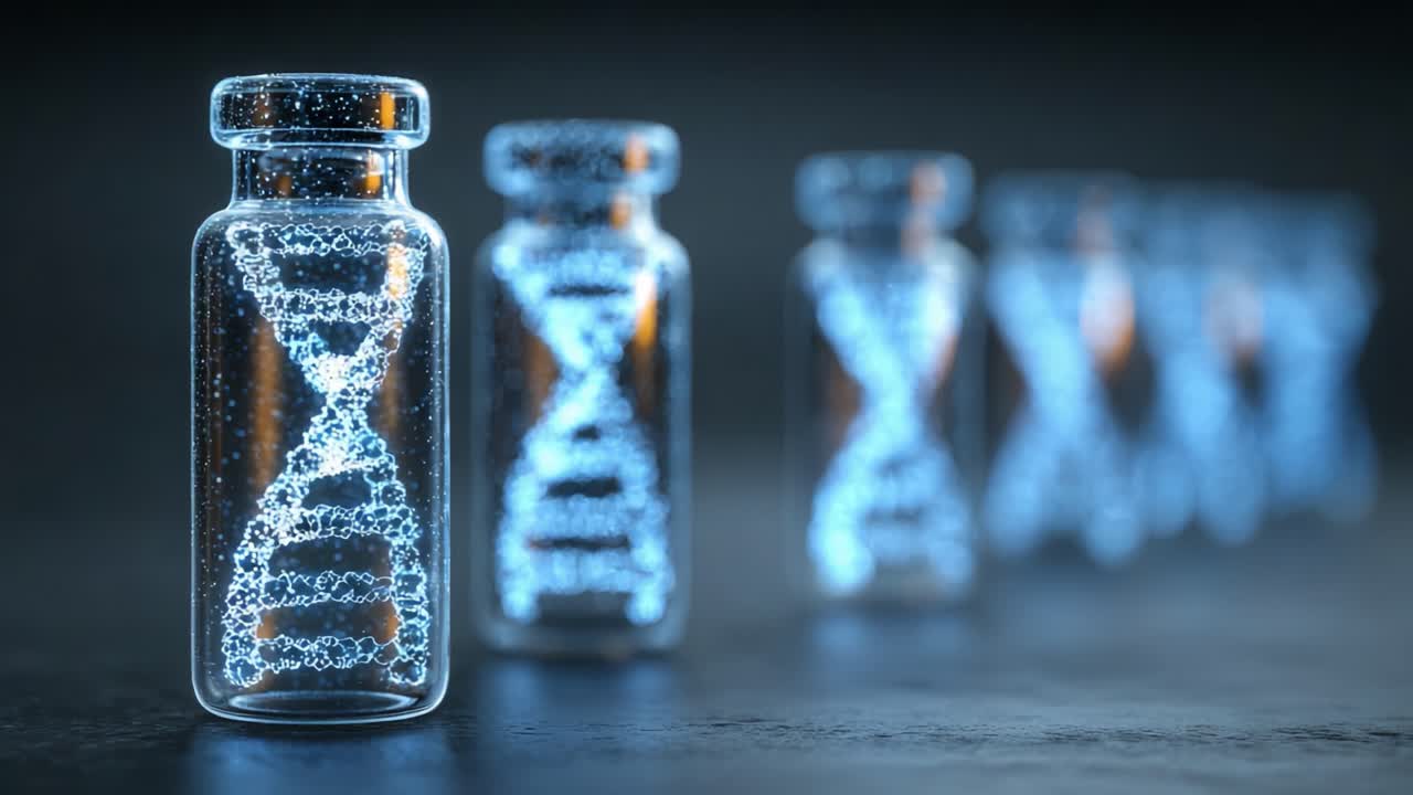 Una serie di fiale trasparenti con eliche di DNA luminose, che rappresentano ricerca genetica avanzata, innovazioni biotecnologiche e scoperte mediche nella scienza molecolare