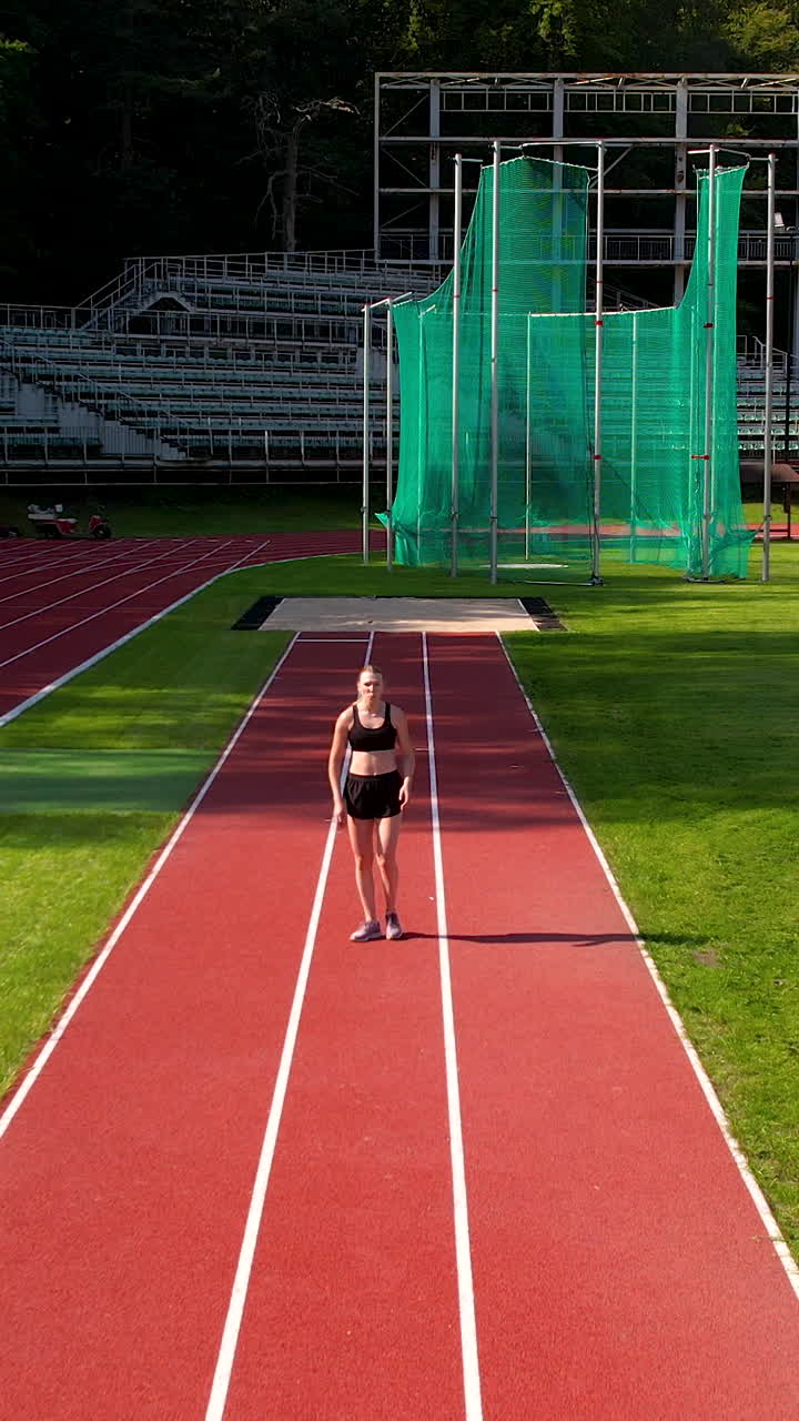 A fit young woman in athletic wear walks along a red running track at a sports stadium. Ideal for fitness, training, and healthy lifestyle content