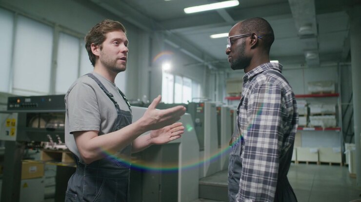 Diverse Industrial Workers Shaking Hands and Speaking in Printing Factory