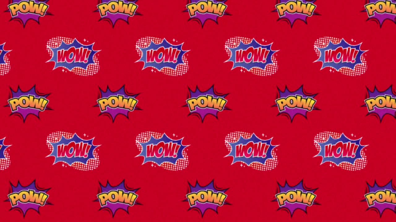 animación de zap y pow texto repetido en fondo rojo