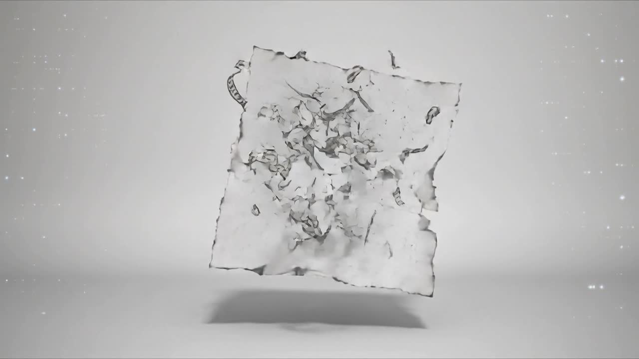 Rotating torn sheet tearing into shards in studio as yellow beams striking and blue icons glowing