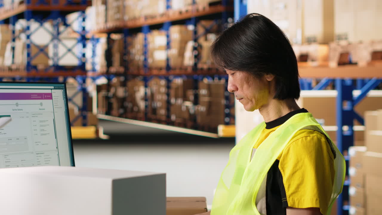 Vertical Video Worker verifying cardboard boxes and awb tags for parcel tracking