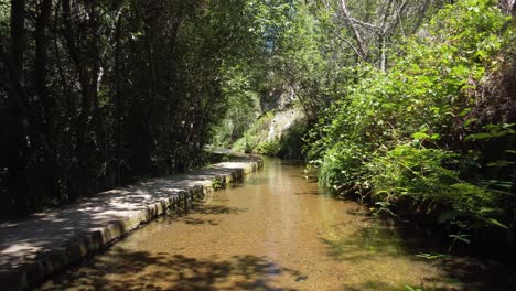 Volando-Hacia-Atrás-Sobre-El-Agua-De-Un-Pequeño-Canal-En-Las-Montañas