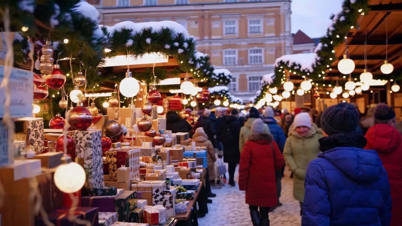 Festive Christmas market scene with gifts and lights, captured from a street-level angle