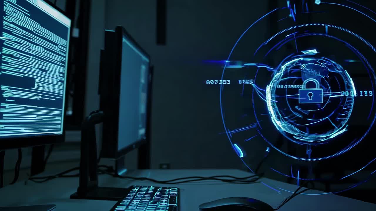 Futuristic video concept with a side-angle view of a computer setup video