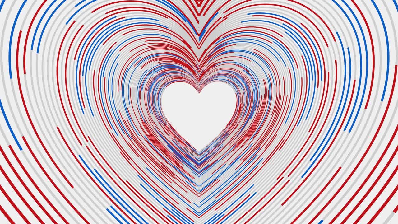 Loop di animazione astratta di un tunnel a forma di cuore rosso, bianco e blu