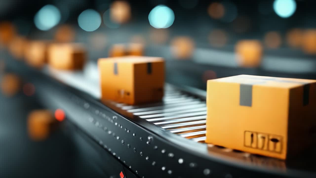 Flusso ottimizzato di pacchi su un moderno sistema di nastri trasportatori in un contesto industriale, che mostra il trasporto efficiente delle merci per le operazioni logistiche.