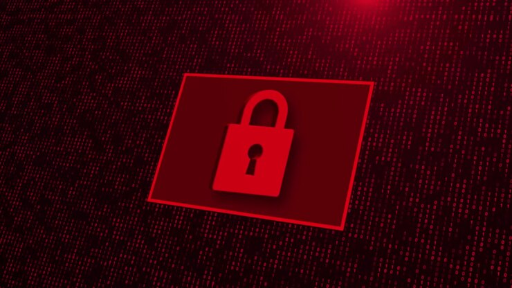 Rotating Red Padlock Icon on Digital Binary Code Background
