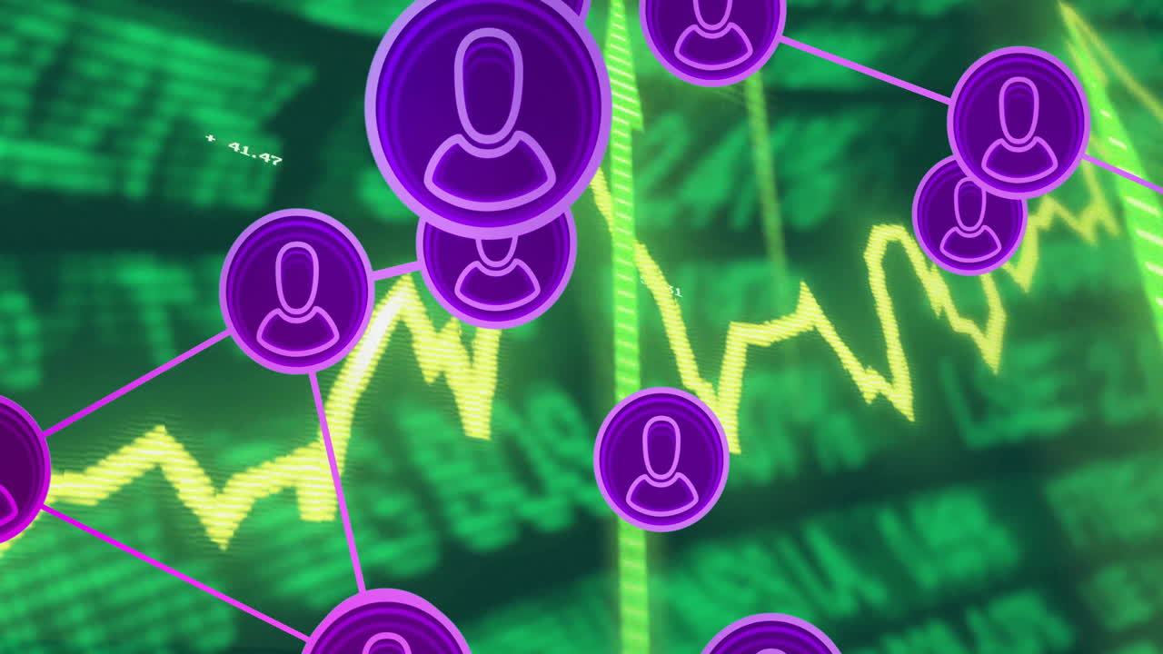 animación de la red de iconos de usuario y procesamiento de datos financieros sobre el gráfico del mercado de valores