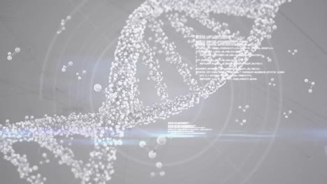animación digital del adn y las estructuras moleculares en el procesamiento de datos contra un fondo gris