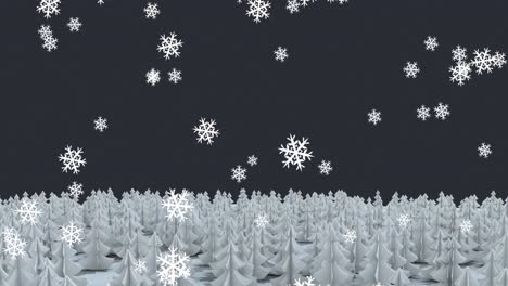 Digital-animation-of-snowflakes-falling-over-multiple-trees-on-winter-landscape