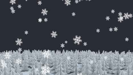 digital animation of snowflakes falling over multiple trees on winter landscape