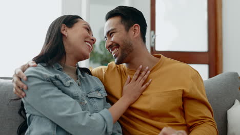 Couple,-engagement-ring-and-relax-on-sofa