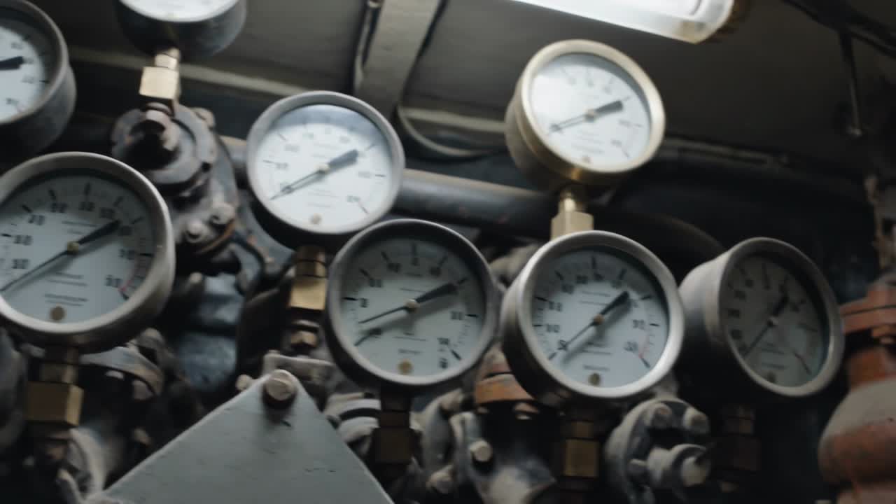 Panning handheld camera showing clustered pressure gauges in machinery space, for valve inspection